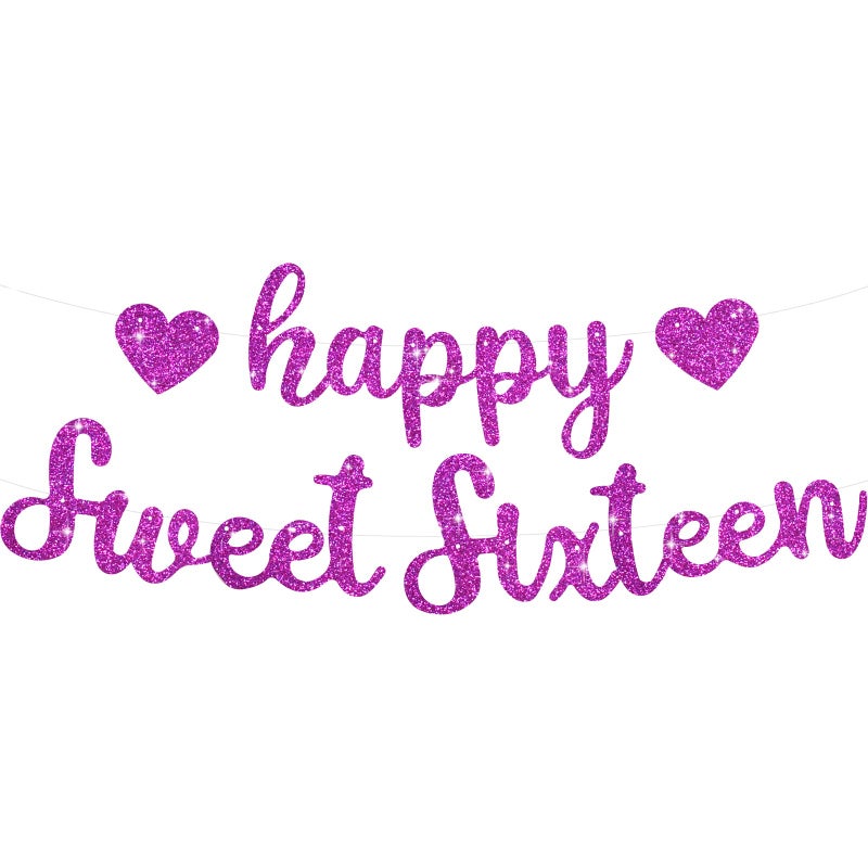 BEISHIDA Purple Glitter Happy Sweet 16 Birthday Banner, Pre-Strung Glitter Happy 16 Birthday Decoration for Girls,Happy 16th Birthday Sign for Women, Girls - Image 1